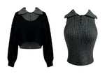 Halter collar sleeveless & long sleeve cropped knit two-piece set (2 colors)