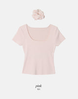 #Back Slit Square Short Sleeve Knit + Scrunchie Set (5color)