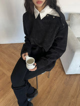 [UNISEX] Overfit velor off shoulder double snap button long sleeve knit T (4 colors)