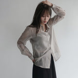 [Heronte] Satin See-Through Long-Sleeved Shirt - 4 colors