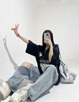 Glitter Metal Sporty V-Neck T-shirt