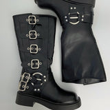 Six buckle belt long worker leather boots