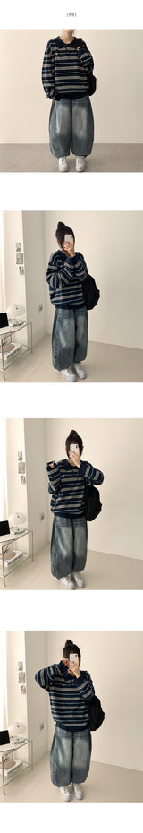 Loen pocket incision line washing balloon wide denim pants