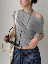 Design Open Shoulder Slim スパンデックス半袖Tシャツ