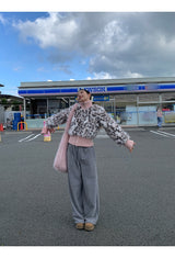 ピンクレオパードハイネックジップアップジャンパー