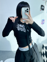 スカーフポイントシャーリングセミクロップレタリングロングスリーブ T🖤💙🤍🤎 - 4 カラーズ