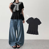 ドット ヘム フリル 半袖 ロング Tシャツ (4 colors)
