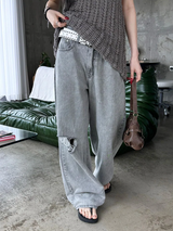 Gray washed damage wide pants