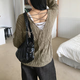 Seomit punching two-way eyelet back strap V-neck overfit long sleeve knit