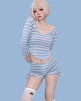 lイリー ストライプ クロップ ニット トップ (3color)