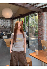 イエロークリームオフショルダーショートスリーブニットTシャツ