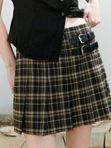 BUCKLE CHECK PLEATS MINI SKIRT GREEN