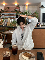 Look グラスナチュラルシアーサッカーストリッピードコットンオーバーサイズシャツ