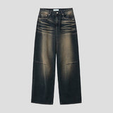 ルックペインキャットウォッシュ加工ワイドデニムパンツ