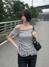 Mad Off-Shoulder Short Sleeve Mesh Lace Sleeveless Set