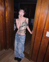 Rough Flower Embroidery Mid Wash Denim Pants