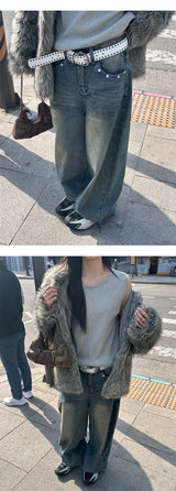 [Unisex] Back leather pocket wide pants