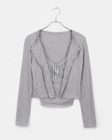 Seleo Shirring Lace Ribbon クロップド長袖ノースリーブカーディガンセット