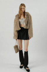 COMELY soft fur crop hoodie jacket [beige]