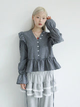 BUTTON CHECK FRILL BLOUSE(CHARCOAL)