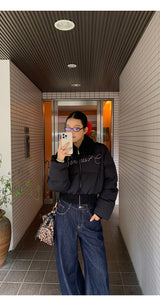 Black beads wool collar short padded coat