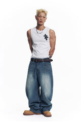 Stripe Lettering Denim Pants - Medium Blue