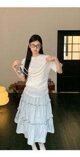 Lace shirring round loose fit short sleeve tee