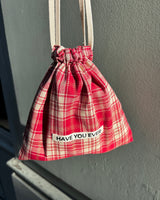 Pattern string pouch - red check , S size