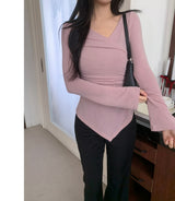ベールラップシャーリングアシンメトリック長袖Tシャツ