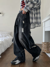 Folding Pocket Curved Damage Denim Pants