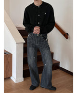 [Unisex] Stripe brush semi wide denim pants
