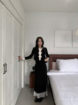 Quiet Bow Ribbon Trim Contrast Knit Long Sleeve Top