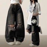 Andy Knee Damage Cutting Deep Washed Denim Wide Pants