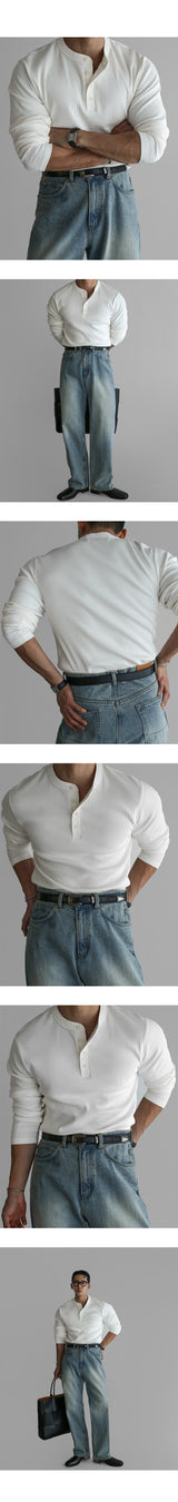 Ribbed Henley Neck Muscle Long Sleeve Knit Tee [Ivory]