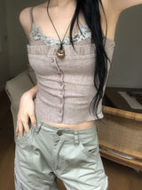 モビ ラッフル レース リブ スリーブレス