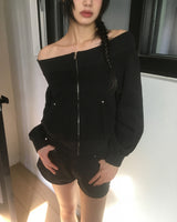 Potic Rivet Pocket Sweat Off-Shoulder Zip-Up