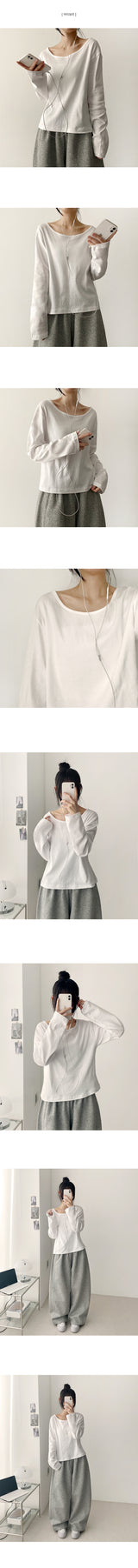 ターンオーバールーズコットンUネックプレーンロングスリーブTシャツ