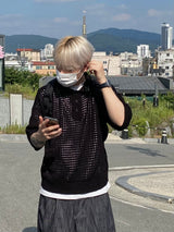 Mesh collar short sleeve knit 3C