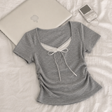 Miu Side Shirring Lace Short-Sleeve Blouse T-shirt (4 colors)