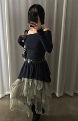 バレットオフショルダーアンバランスミニドレス (NAVY)
