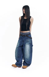 Curved Double Knee Denim Pants - Black