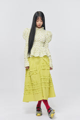 Flower Pattern Crease Ruffle Blouse Yellow