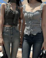 Lace frill front button ribbed sleeveless top (4 colors)