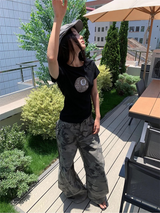 Black Round Leopard Spandex Short-Sleeved T-Shirt