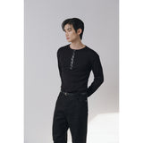 Leather ribbed henry neck long sleeves(Black)