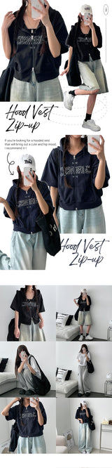Linmer two-way short-sleeved hooded zip-up
