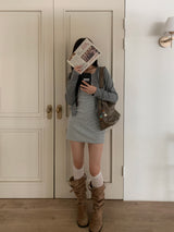 Light Hour Striped Sleeveless Dress & Silver Button Cardigan 2-piece Set (Gray)