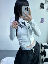 スカーフポイントシャーリングセミクロップレタリングロングスリーブ T🖤💙🤍🤎 - 4 カラーズ