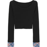 リップネックレイヤードロングスリーブチェックTシャツ