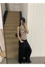 シフォンチェッカードホルターネックスリーブレスブラウストップ